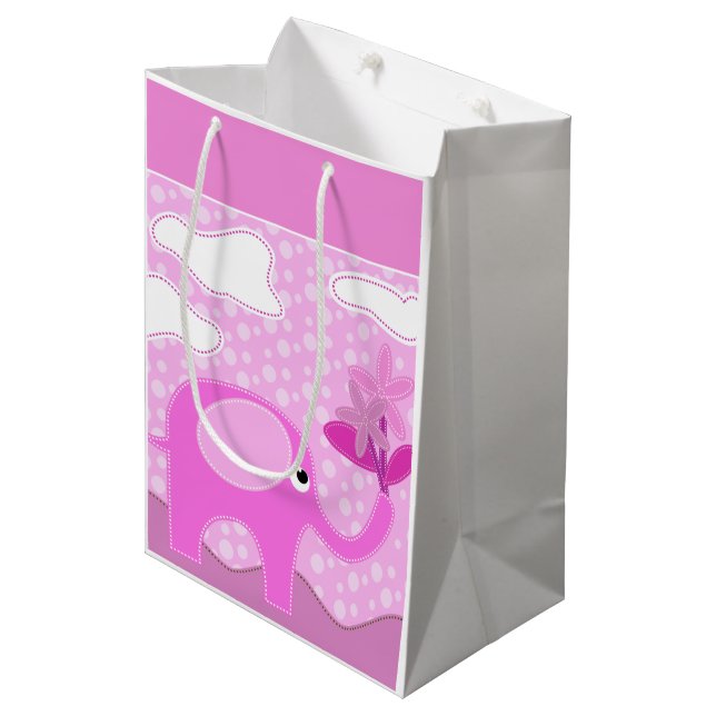 Bolsa De Regalo Mediana Elefante rosa bebé y flores (Angulo Anverso)