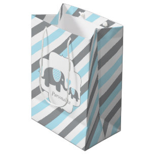 Bolsa De Regalo Mediana Elefantes de franja blanca, azul y gris Baby Showe