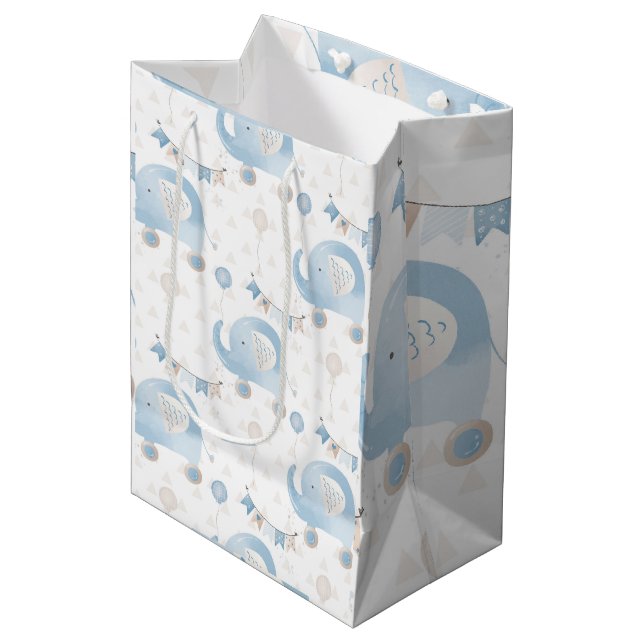 Bolsa De Regalo Mediana Elefantes de Taupe Azul Marfil Globos Niño Regalo (Angulo Anverso)