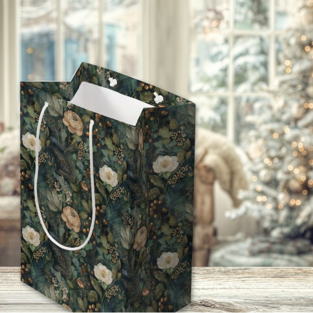 Bolsa De Regalo Mediana Elegant Christmas Winter Green and Cream Floral (Subido por el creador)