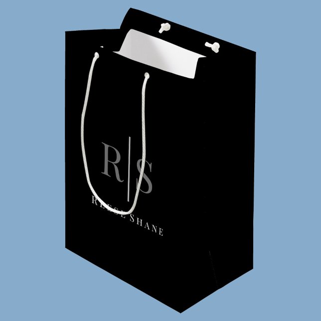 Bolsa De Regalo Mediana Elegant DIY Grey Monogram & White Name, Black (Subido por el creador)