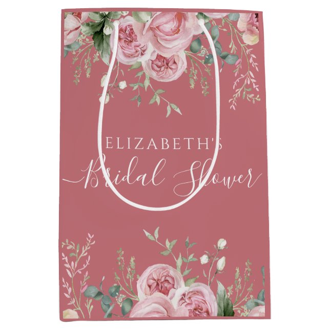 Bolsa De Regalo Mediana Elegant Eucalyptus & Pink Roses Invite (Anverso)