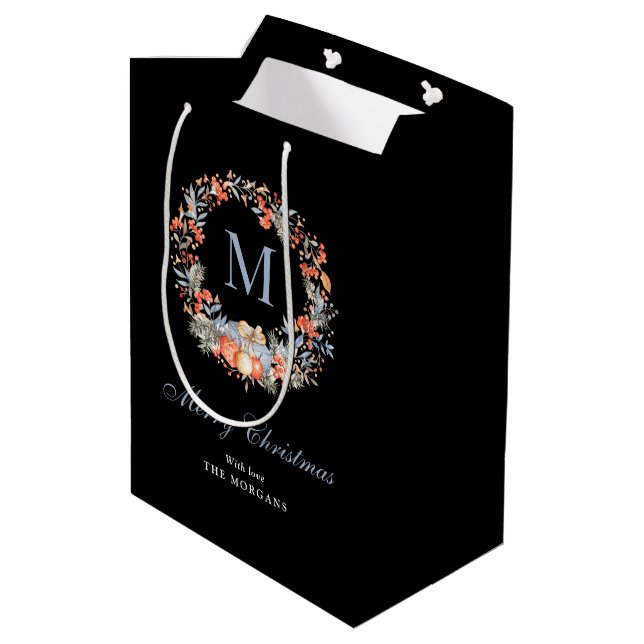 Bolsa De Regalo Mediana Elegant Monogram Wreath Chic Black Christmas (Angulo reverso)