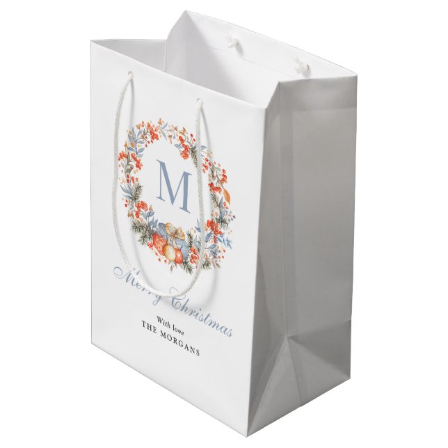 Bolsa De Regalo Mediana Elegant Monogram Wreath Dusty Blue Christmas (Angulo reverso)
