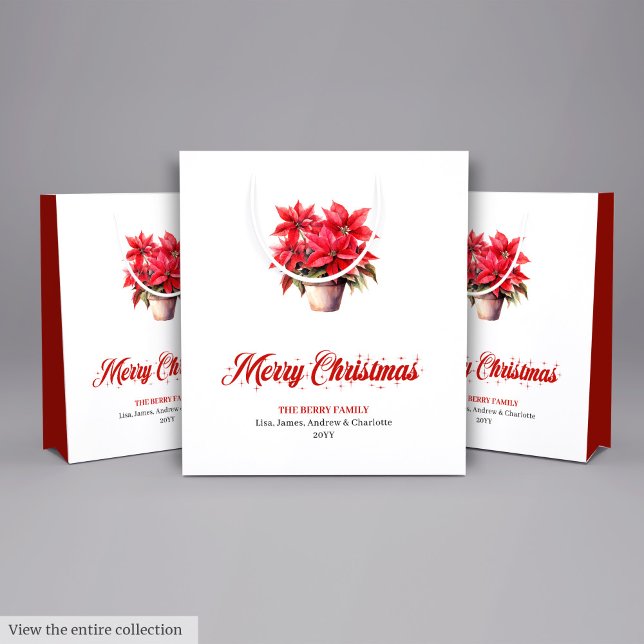 Bolsa De Regalo Mediana Elegant Red Poinsettias Script Font Holiday Bags (Elegant Red Poinsettia Watercolor Christmas Gift Bag)