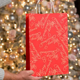 Bolsa De Regalo Mediana Elegant Script Merry Christmas Pattern/ Red & Gold