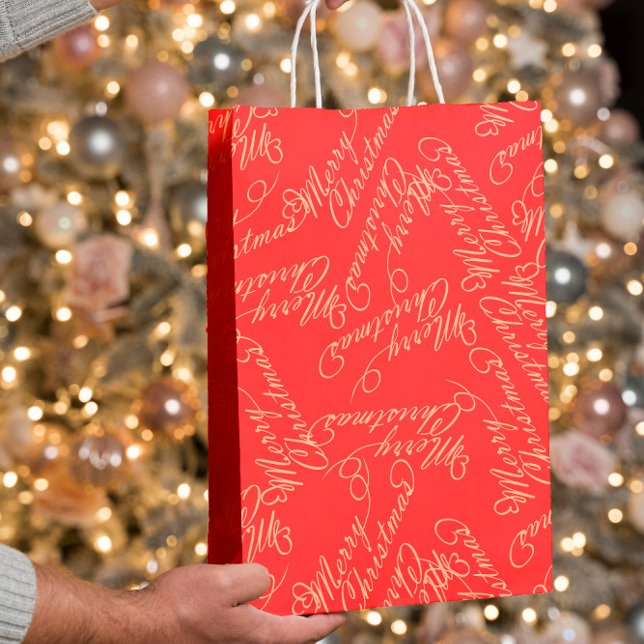 Bolsa De Regalo Mediana Elegant Script Merry Christmas Pattern/ Red & Gold (Subido por el creador)