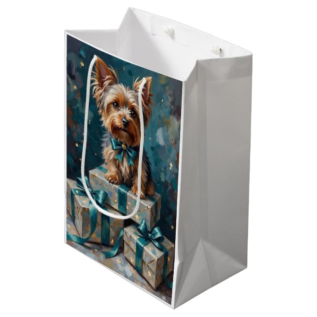 Bolsa De Regalo Mediana Elegant Yorkshire Terrier Dog Holiday Gift Stack (Angulo Anverso)