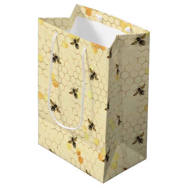 Bolsa De Regalo Mediana Elegante abejas amarillas doradas Honeycomb (Angulo Anverso)