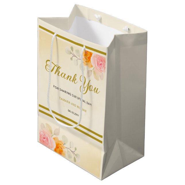 Bolsa De Regalo Mediana Elegante acuarela Floral Boda Gold Gracias (Angulo Anverso)