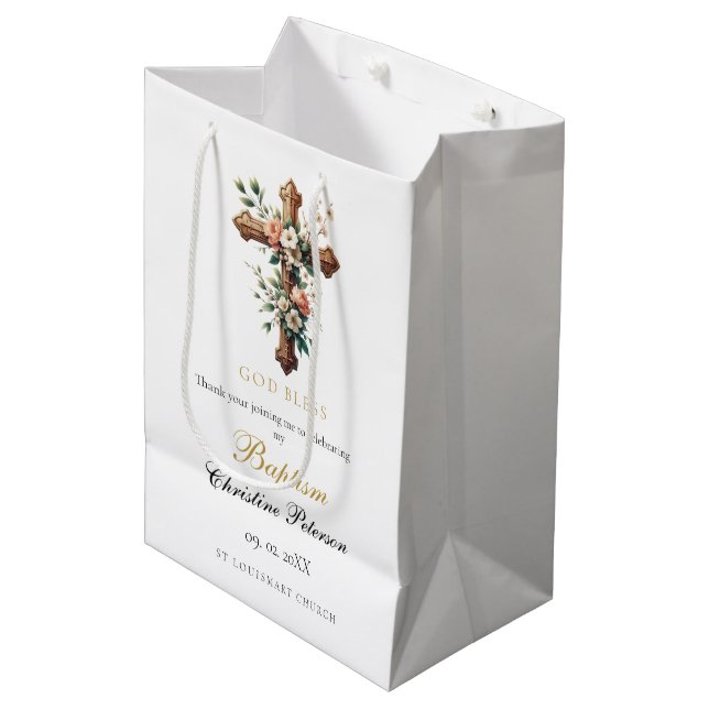 Bolsa De Regalo Mediana Elegante acuarela Floral Cross Baptism (Angulo Anverso)
