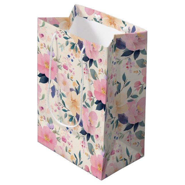 Bolsa De Regalo Mediana Elegante acuarela Floral Diseño rosa (Angulo Anverso)