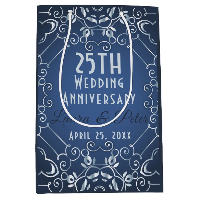 Bolsa De Regalo Mediana Elegante Aniversario Boda Azul y Plata (Anverso)