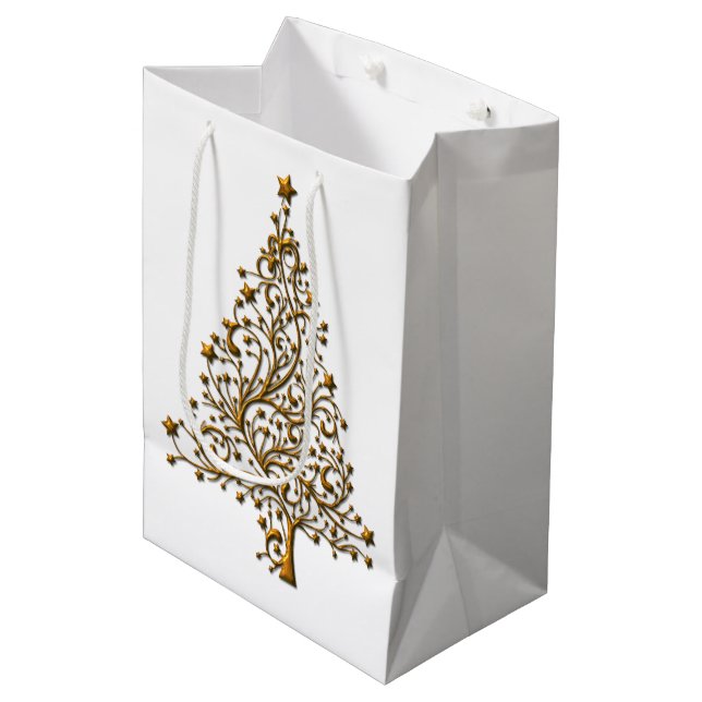 Bolsa De Regalo Mediana Elegante árbol de Navidad dorada moderno (Angulo Anverso)