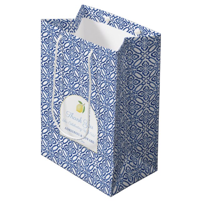 Bolsa De Regalo Mediana Elegante Arco Lemons Blue Tiles Boda Bienvenida (Angulo Anverso)