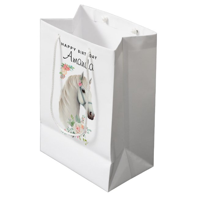 Bolsa De Regalo Mediana Elegante Boho blanco de caballos Floral Cumpleaños (Angulo Anverso)