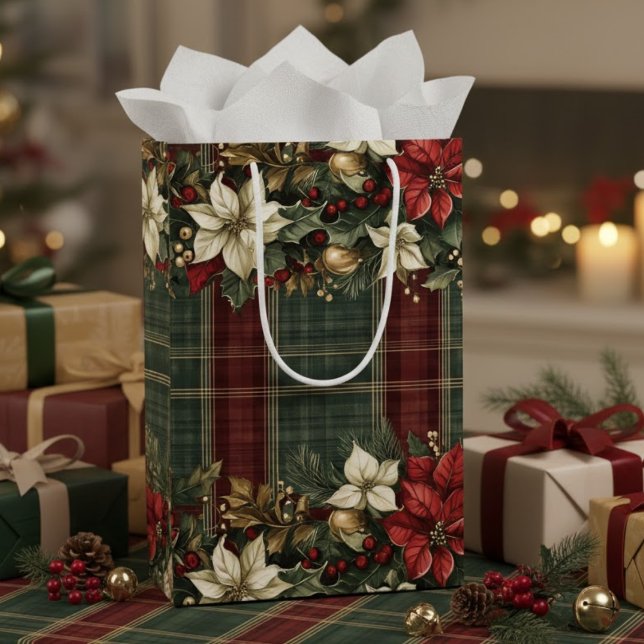 Bolsa De Regalo Mediana Elegante Clásico Rojo Pintado Poinsettias Holly &  (Subido por el creador)