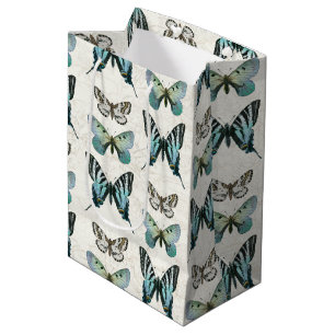 Bolsa De Regalo Mediana Elegante cosecha de mariposa botánica azul y blan