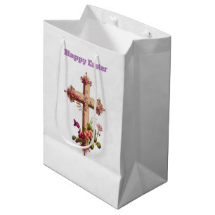 Bolsa De Regalo Mediana Elegante cruz de madera con flores rosas Pascua