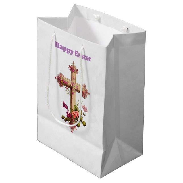 Bolsa De Regalo Mediana Elegante cruz de madera con flores rosas Pascua (Angulo Anverso)