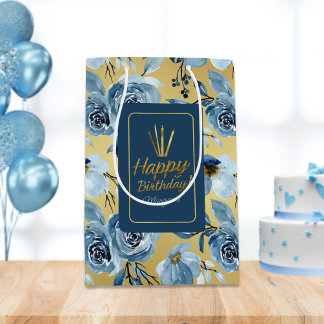 Bolsa De Regalo Mediana Elegante Dusty Blue Floral Gold Feliz cumpleaños