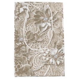 Bolsa De Regalo Mediana Elegante encaje beige con diamante