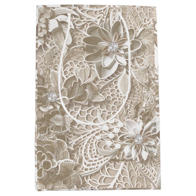 Bolsa De Regalo Mediana Elegante encaje beige con diamante (Anverso)