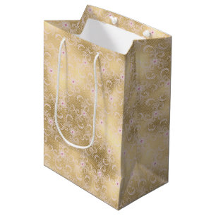 Bolsa De Regalo Mediana Elegante encaje floral rosa y dorado