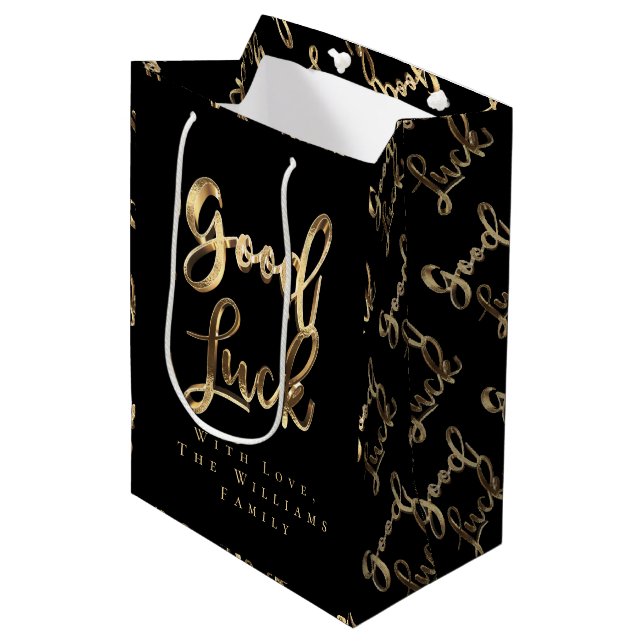 Bolsa De Regalo Mediana Elegante estilo negro y dorado Script Buena suerte (Angulo Anverso)