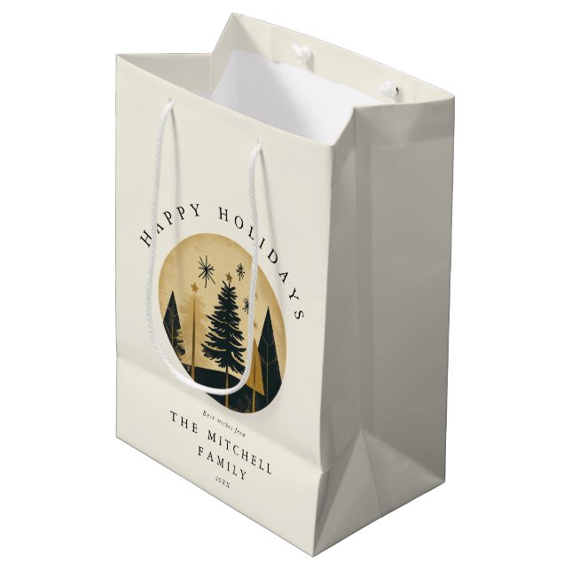 Bolsa De Regalo Mediana Elegante Felices Fiestas Warm Gold Pine Forest (Angulo Anverso)
