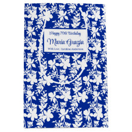Bolsa De Regalo Mediana Elegante Floral Blanca Azul 70 cumpleaños