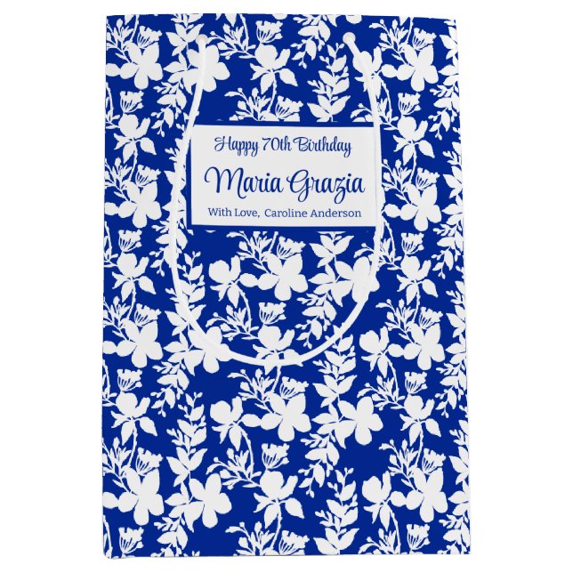 Bolsa De Regalo Mediana Elegante Floral Blanca Azul 70 cumpleaños (Anverso)