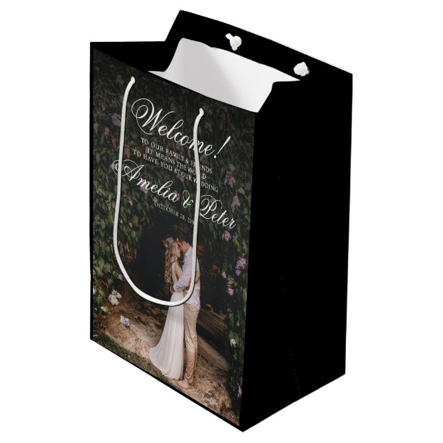 Bolsa De Regalo Mediana Elegante foto Boda negro bienvenida (Angulo Anverso)