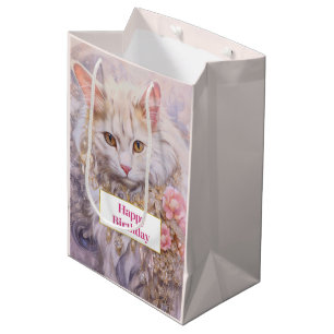 Bolsa De Regalo Mediana Elegante gato blanco en oro y cumpleaños de diaman