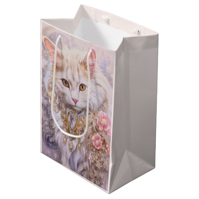 Bolsa De Regalo Mediana Elegante gato blanco en oro y cumpleaños de diaman (Angulo Anverso)