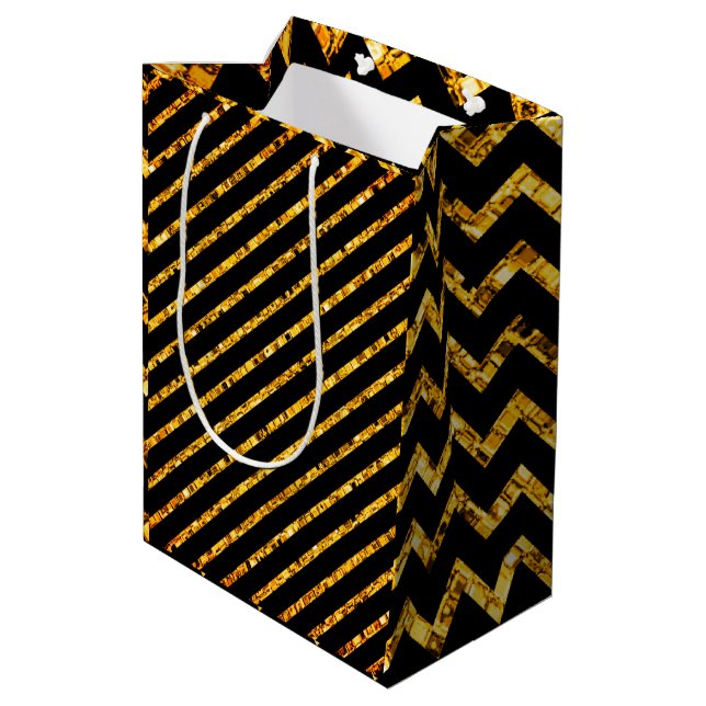 Bolsa De Regalo Mediana Elegante Glam Chevron Oro Purpurina Negro Sparkle (Angulo reverso)