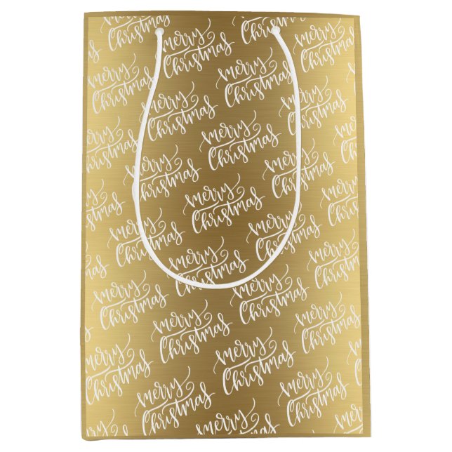 Bolsa De Regalo Mediana Elegante guión de caligrafía navideña Gold Merry (Anverso)