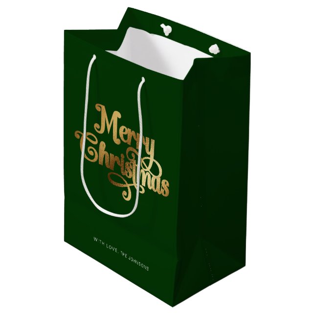 Bolsa De Regalo Mediana Elegante guión de Moda Dorado Verde Feliz Navidad (Angulo Anverso)