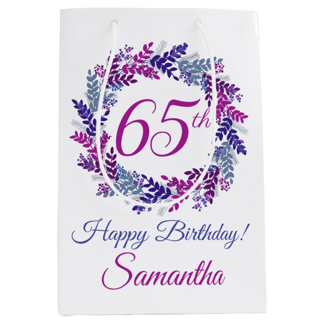 Bolsa De Regalo Mediana Elegante guirnalda púrpura 65º cumpleaños (Anverso)