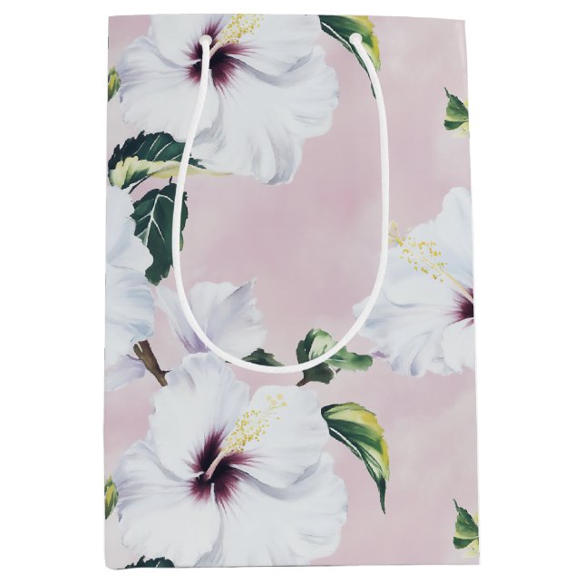 Bolsa De Regalo Mediana Elegante hibiscus blanco sobre fondo rosa suave (Anverso)