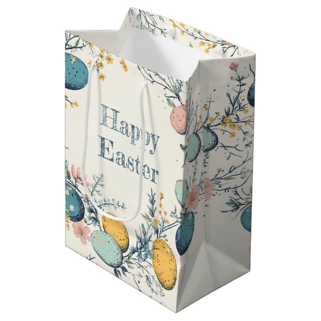 Bolsa De Regalo Mediana Elegante Huevo Floral Feliz Pascua (Angulo Anverso)