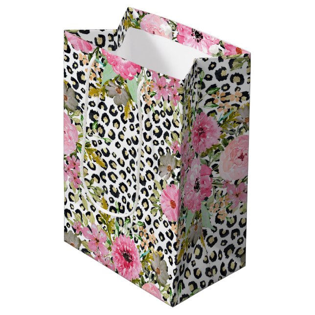 Bolsa De Regalo Mediana Elegante impresión de leopardo y diseño floral (Angulo Anverso)
