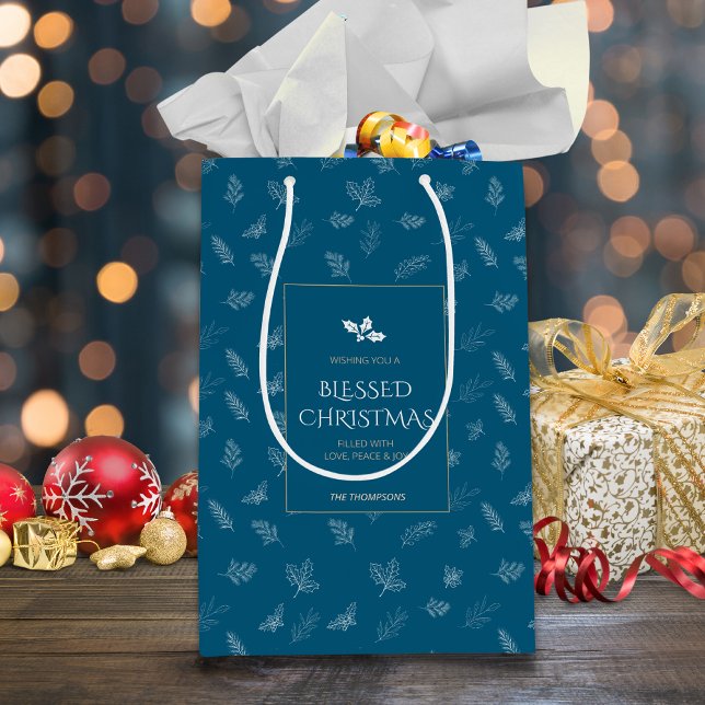 Bolsa De Regalo Mediana Elegante invierno blanco deja azul Mistletoe (Subido por el creador)