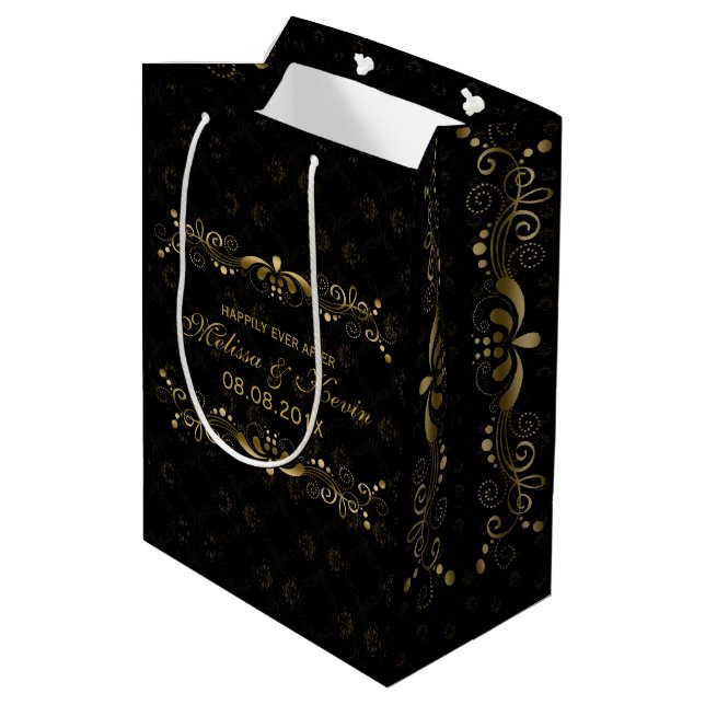 Bolsa De Regalo Mediana Elegante Lace De Oro Floral Con Damascos Negros (Angulo reverso)
