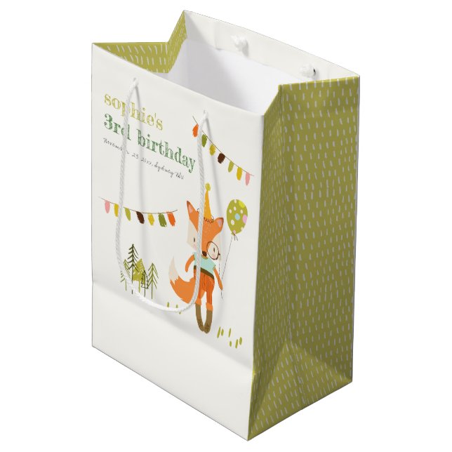 Bolsa De Regalo Mediana Elegante lindo Woodland Fiesta Fox Kids Cumpleaños (Angulo Anverso)