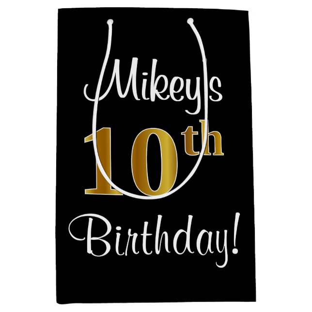 Bolsa De Regalo Mediana Elegante, lujoso, Faux Gold Look 10 cumpleaños (Anverso)