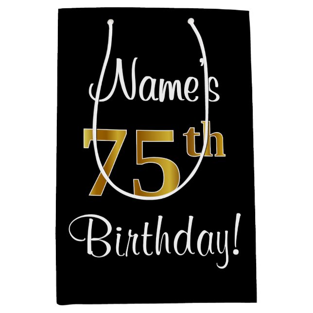 Bolsa De Regalo Mediana Elegante, lujoso, Faux Gold Look 75 cumpleaños (Anverso)