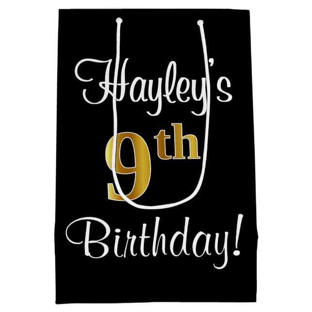 Bolsa De Regalo Mediana Elegante, lujoso, Faux Gold Look Noveno Cumpleaños (Reverso)