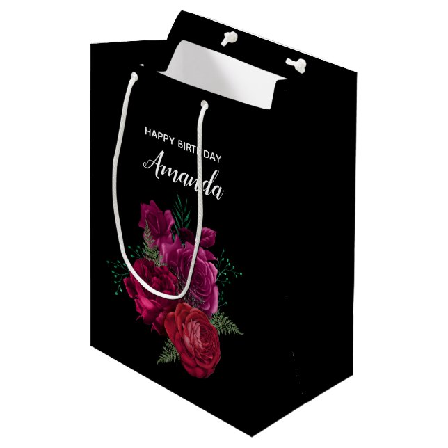 Bolsa De Regalo Mediana Elegante Magenta Rosa Floral Bouquet Cumpleaños (Angulo Anverso)