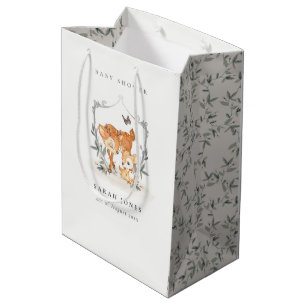 Bolsa De Regalo Mediana Elegante Mamá Deer Fawn Escudo Floral Baby Shower